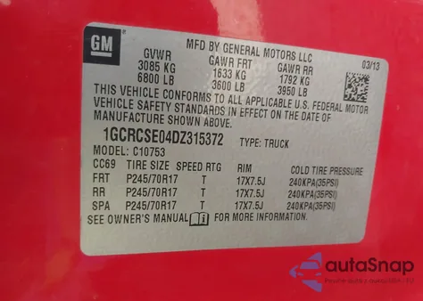 2013 Chevrolet Silverado 1500 Lt z USA, uszkodzony, nr VIN 1GCRCSE04DZ315372